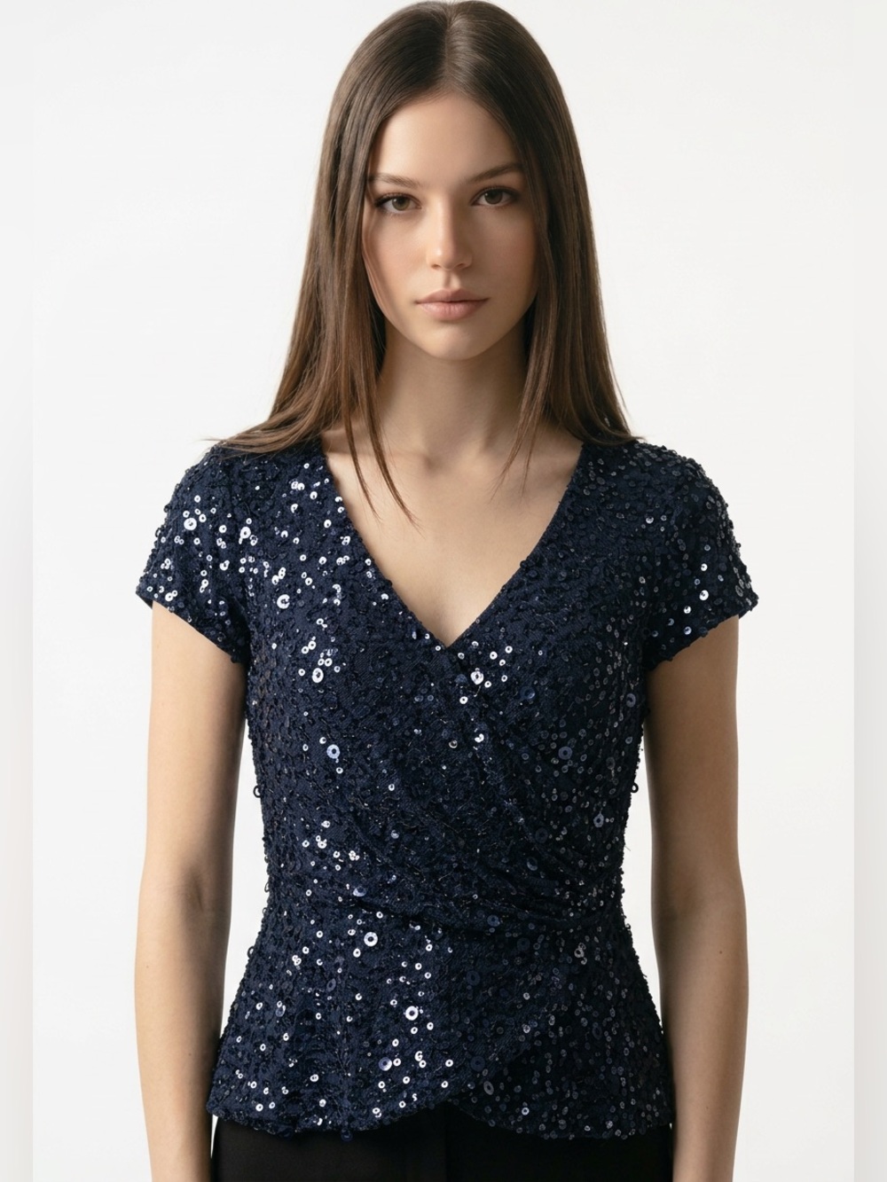 Adrianna Papell Navy Sequin V-Neck Draped Wrap Blouse (r15)